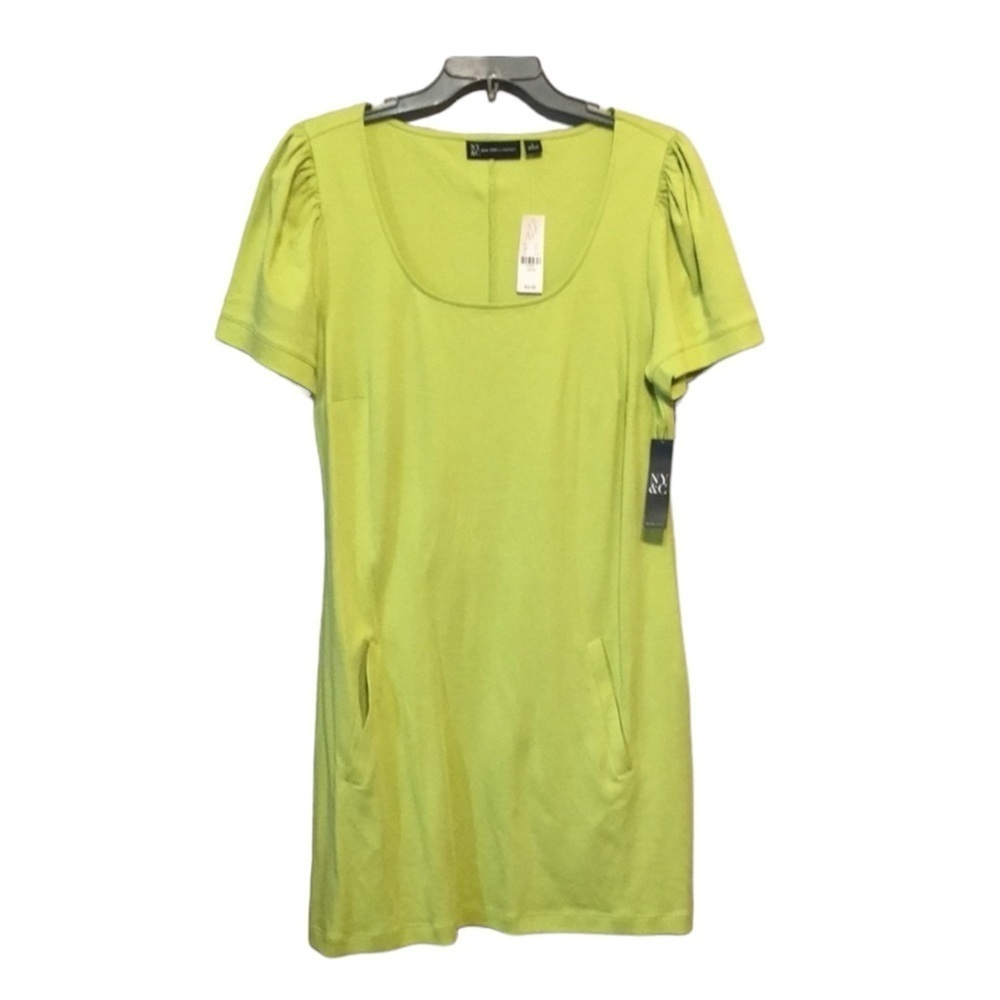 New York & Company Scoop Neck Puff Sleeve Shirt Dress w/Pockets Neon Green Large